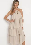 Sukienki - Beżowa Sukienka z Falbanami Wiązana na Szyi z Broszką Kwiatem Tinallena - miniaturka - grafika 1
