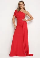 Sukienki - Czerwona Dopasowana Sukienka Maxi z Ozdobnym Trenem Iralia - miniaturka - grafika 1