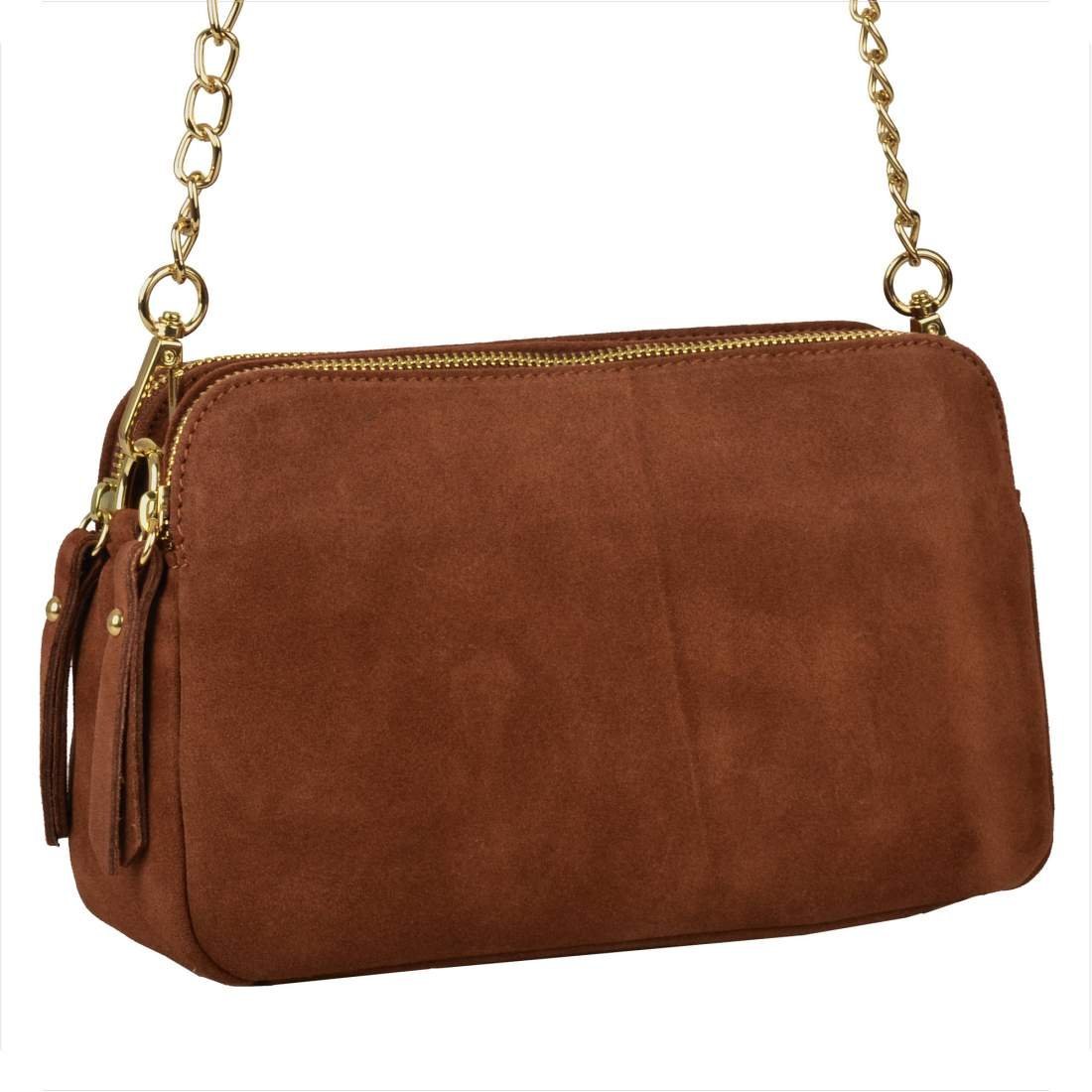 Skórzana listonoszka brąz koniak zamszowa z dwoma zamkami.