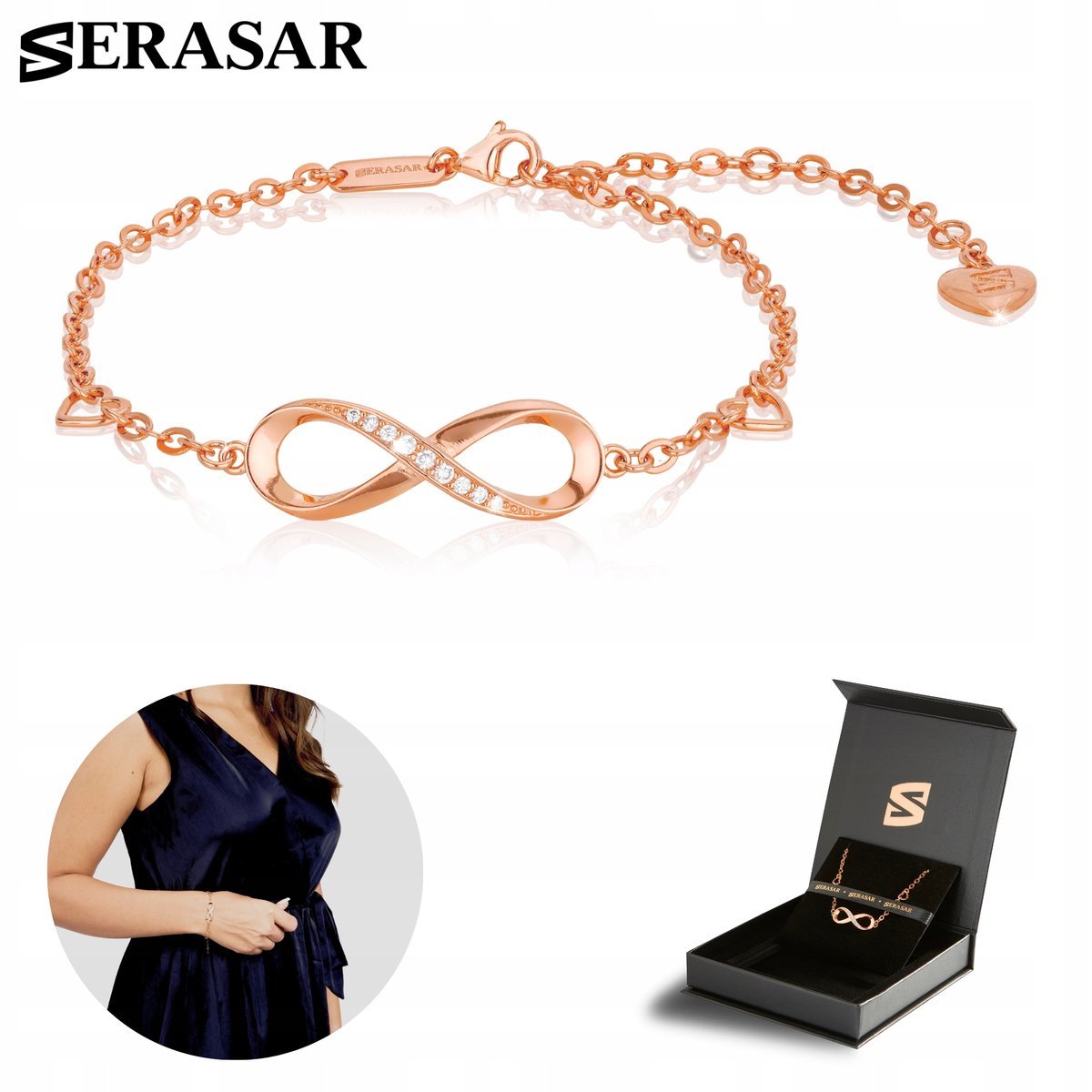 SERASAR, Bransoletki ze srebra próby 925 dla kobiet z powłoką z 18-karatowego prawdziwego złota „Infinity”, regulowana długość, kolor różowego złota..