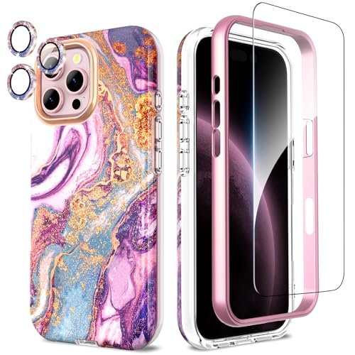 SHEDEER Etui na telefon iPhone 16 Pro Max 4 w 1 z osłoną ekranu + ochroną aparatu, odporne na wstrząsy, z tworzywa TPU, ochrona 360°, błyszczące, odporne na blaknięcie etui na telefon (fioletowe)