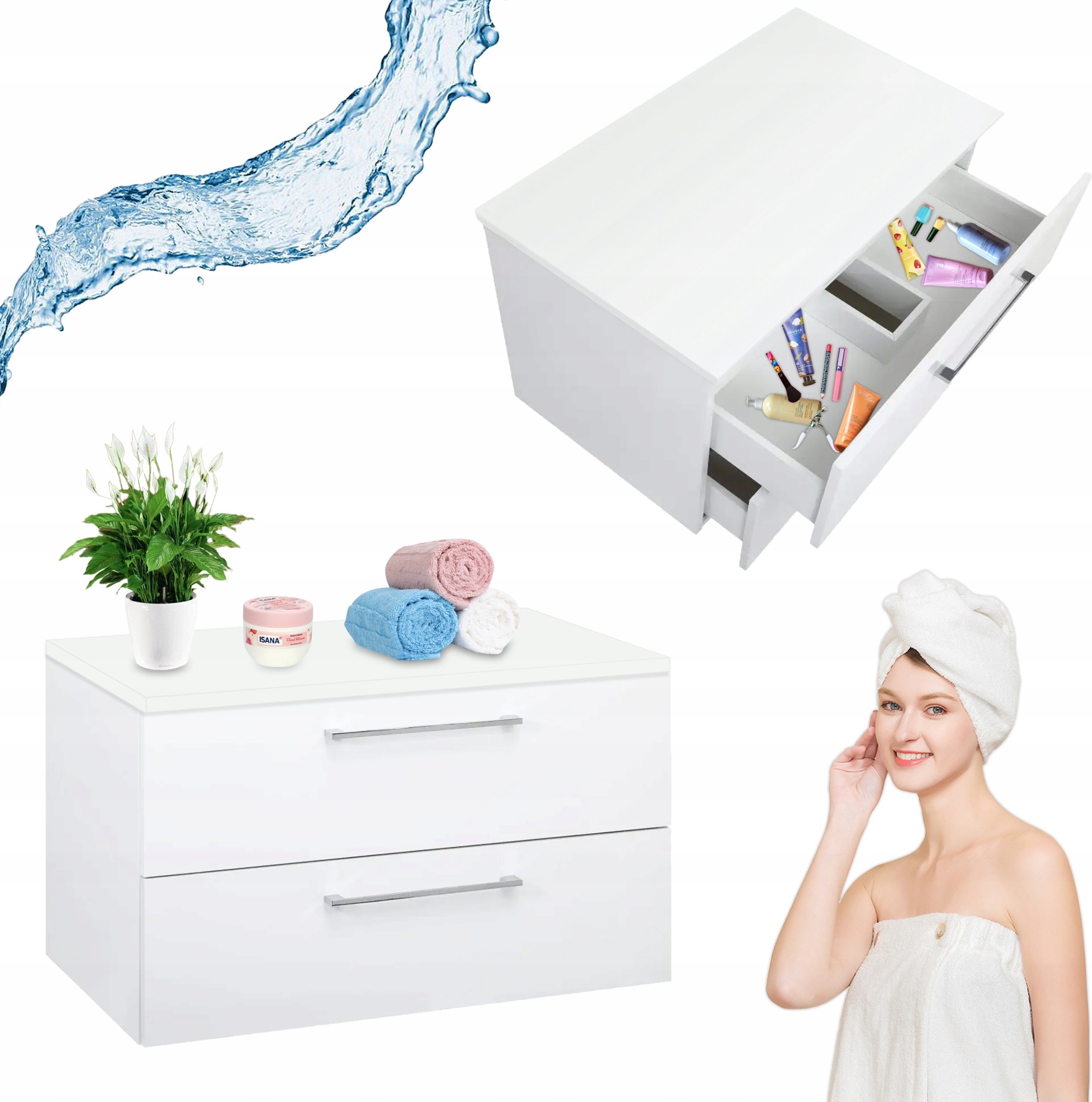 Szafka Łazienkowa 80 cm Biała Wisząca 2 Szuflady Połysk + Blat + Mocowania