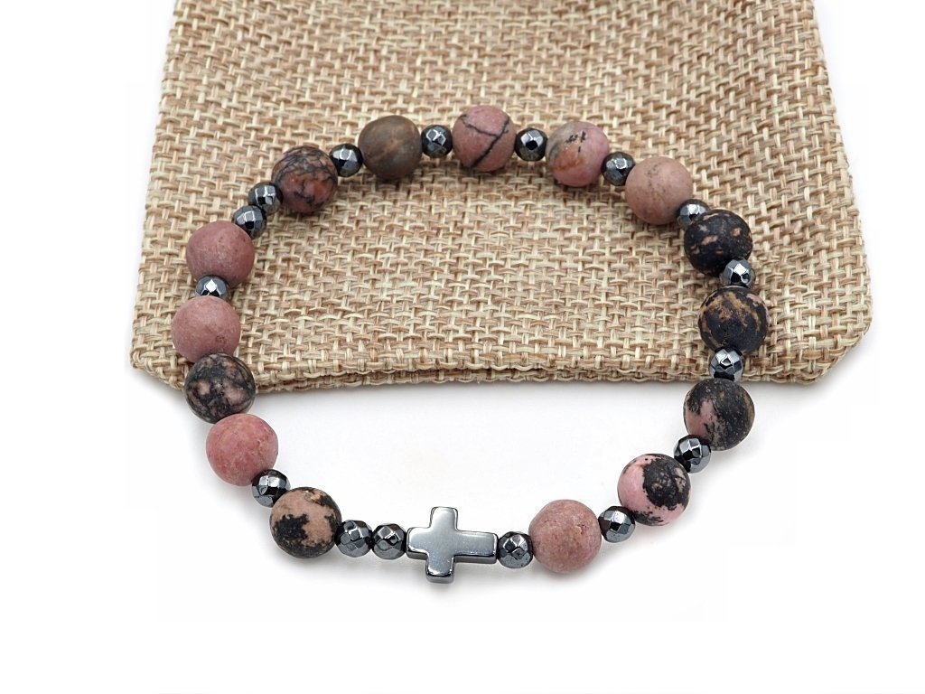 Bransoletka różaniec na rękę rodonit różowo czarny sakwa