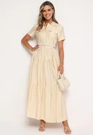 Sukienki - Beżowa Sukienka Koszulowa o Rozkloszowanym Kroju z Paskiem w Talii Vimorise - miniaturka - grafika 1