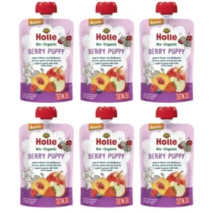 Holle Mus Jagodowy piesek Jabłko i brzoskwinia z owocami leśnymi od 8 miesiąca zestaw 6 x 100 g Bio - Desery dla dzieci - miniaturka - grafika 1