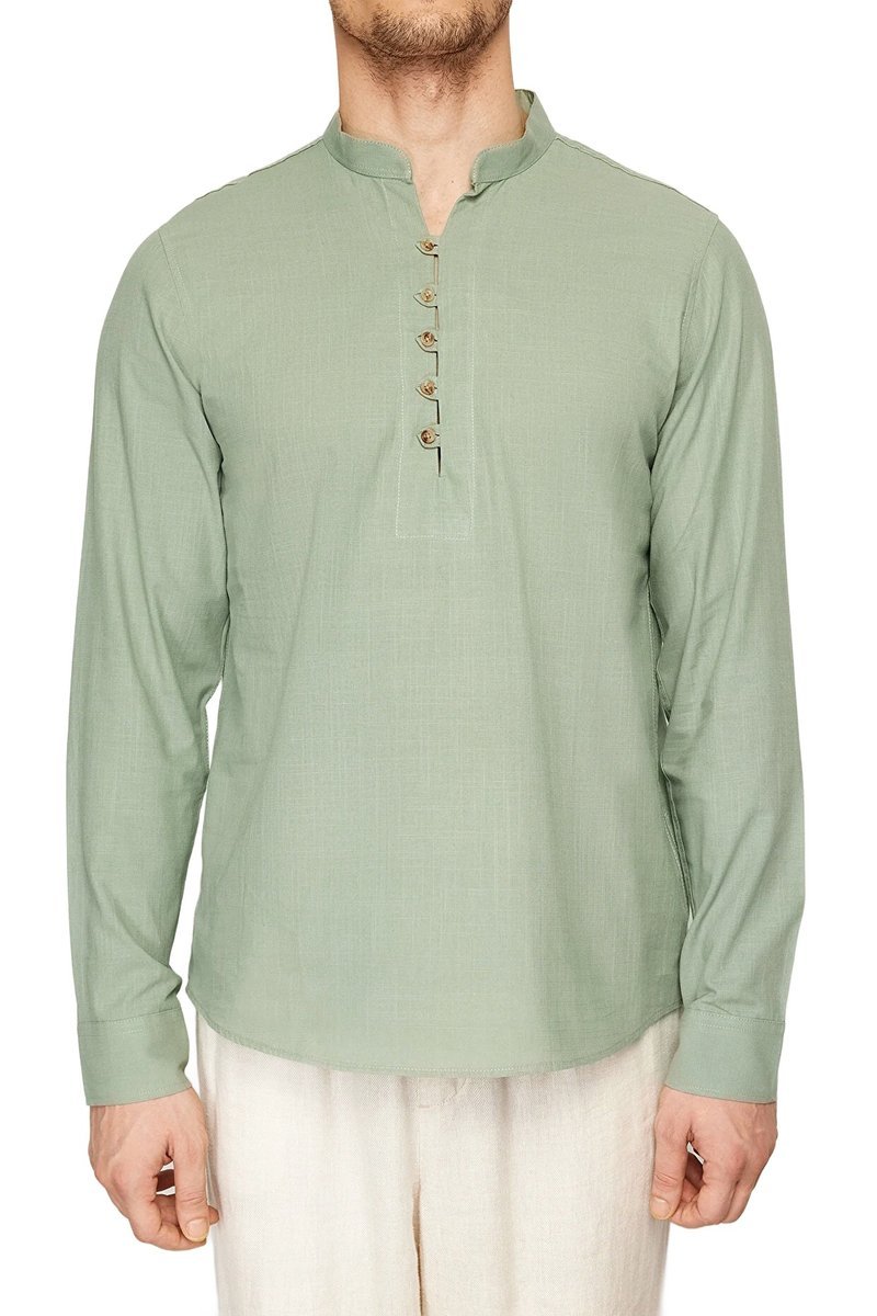 TRENDYOL MAN MĘSKA KOSZULA CASUAL Z DŁUGIM RĘKAWEM I STÓJKĄ ZIELONA L 5DA