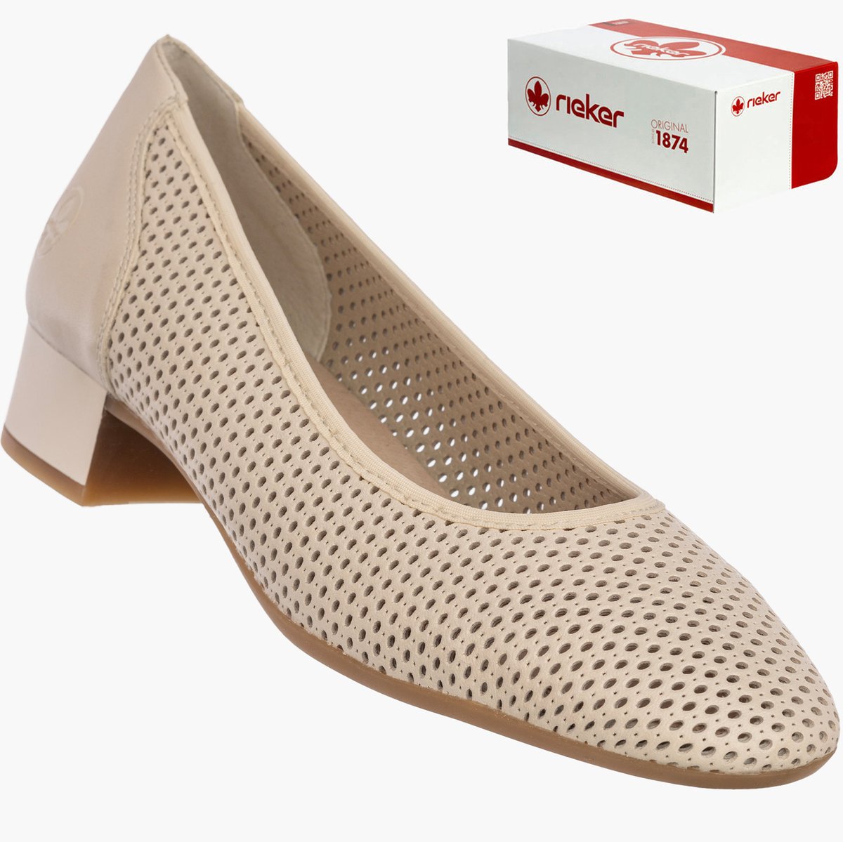 Czółenka Damskie RIEKER Buty Skórzane Ażurowe Na Klocku Beżowe 43459-60 43