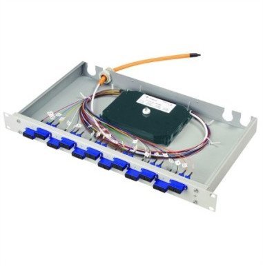 Telegaertner 19 FO-BAS-ECO 1U 12 SCD OM2 PT, z zamontowanymi adapterami i kolorowymi pigtailami