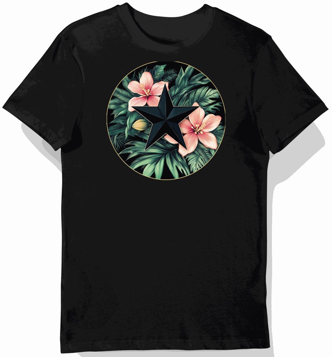 Koszulka męska czarna z motywem tropikalnych kwiatów i gwiazdy L
