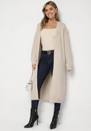 Swetry damskie - Beżowy Klasyczny Długi Kardigan Niezapinany ze Ściągaczami przy Rękawach Arstel - miniaturka - grafika 1