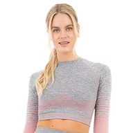 Koszulki i topy damskie - M17 Damska bezszwowa koszulka z długim rękawem, gradientowa rampa, odzież sportowa do jogi, letnie topy odzież sportowa na siłownię, szary marl/różowy, M - miniaturka - grafika 1