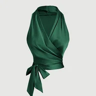 Koszule damskie - TEMU Elegancka bluzka damska z wycięciem na ramieniu i kokardką - stylowa jednokolorowa, bez rękawów, z dekoltem w kształcie litery V, na - miniaturka - grafika 1