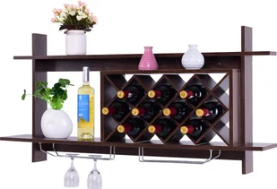 COSTWAY Stojak na wino z uchwytem na kieliszki Stojak na butelki Stojak na wino Stojak na butelki Wiszący stojak na wino Stojak na butelki wina Stojak na wino Drewno (ciemny brąz) - Butelki termiczne - miniaturka - grafika 1