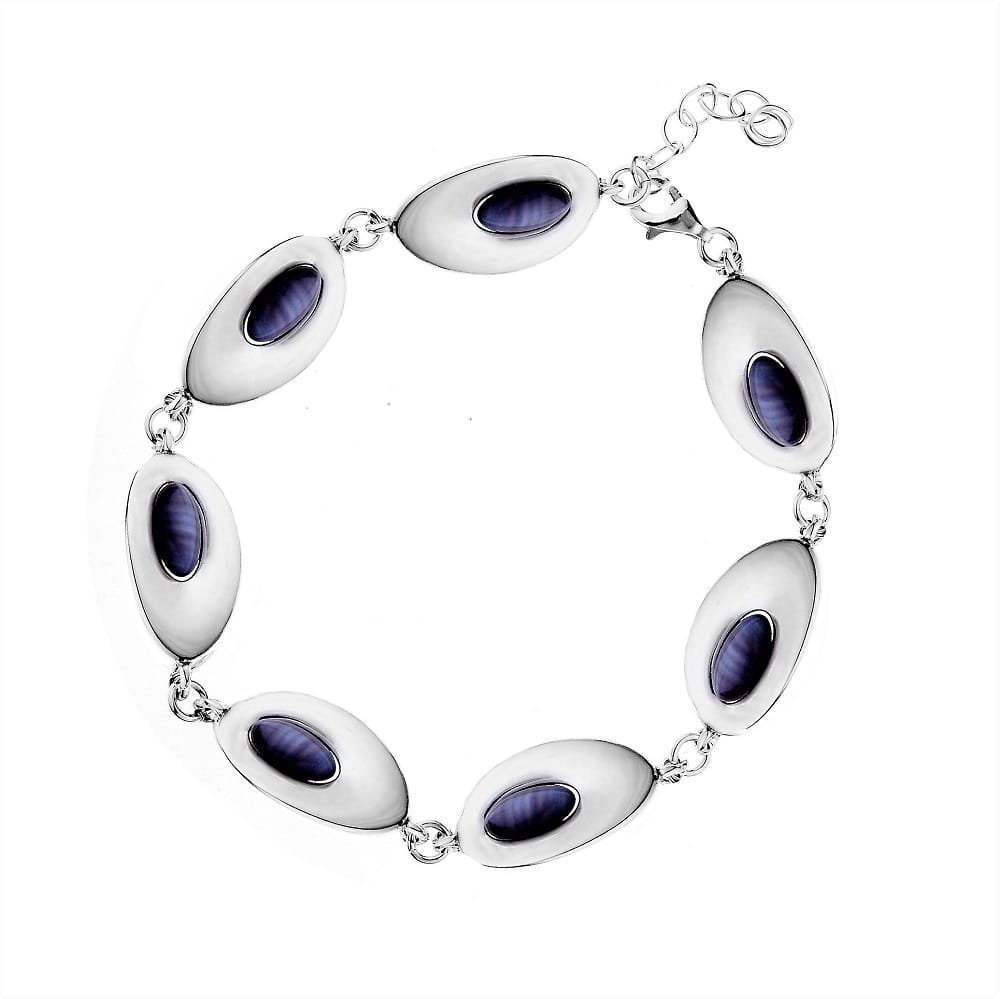 Srebrna bransoletka 925 gładka z kamieniami - Kocie oko szare