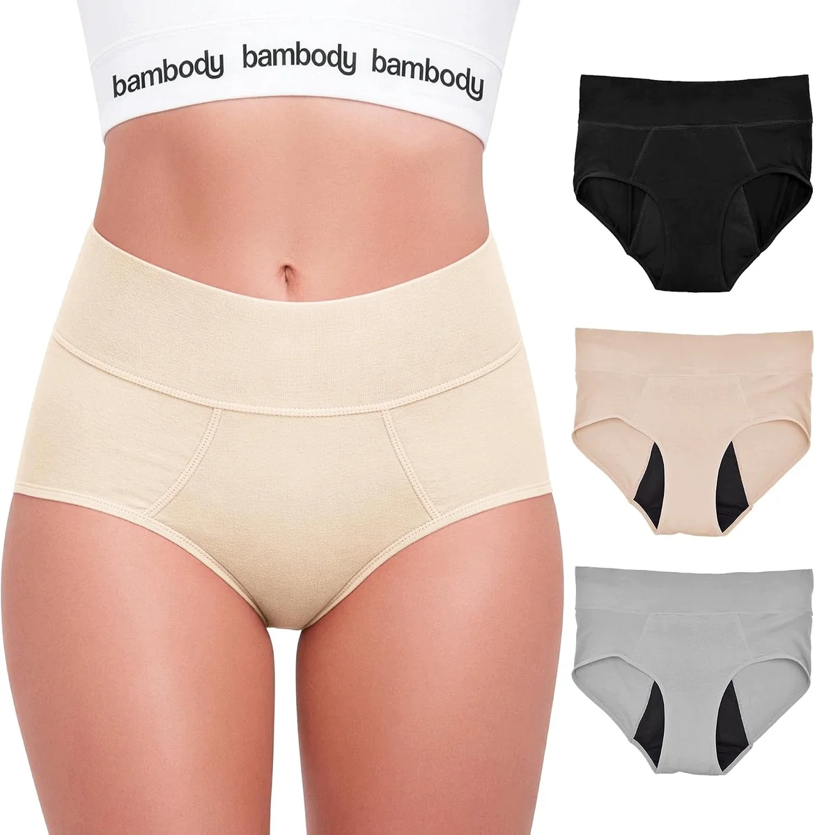 Majtki chłonne damskie Bambody XL 3-pak czarny cielisty szary