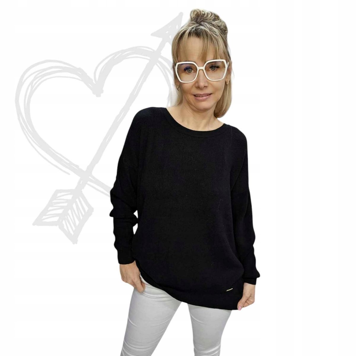 Luźny Sweter Bluzka z Długim Rękawem czarna WISKOZA miękka 54 56 7XL 8XL