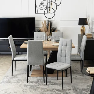 Zestaw Stół Prostokątny Rozkładany CLARK 120-160 cm Dąb Artisan/Czarny i 6 Krzeseł Tapicerowanych TEX Szarych - Stoły z krzesłami - miniaturka - grafika 1