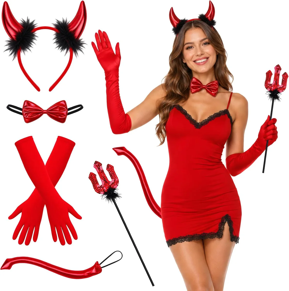 KOSTIUM DUŻY CZERWONY POLIESTER DAMSKI NA HALLOWEEN PRZEBRANIE DIABŁA