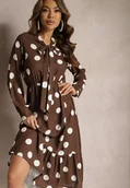 Sukienki - Brązowa Sukienka w Kropki o Rozkloszowanym Kroju z Wiązaniem przy Szyi Xelvira - miniaturka - grafika 1