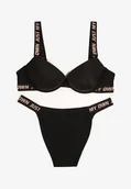 Komplety bielizny - Czarny Komplet Biustonosz Push-Up i Wycięte Majtki Figi Ozdobione Napisami Bralara - miniaturka - grafika 1