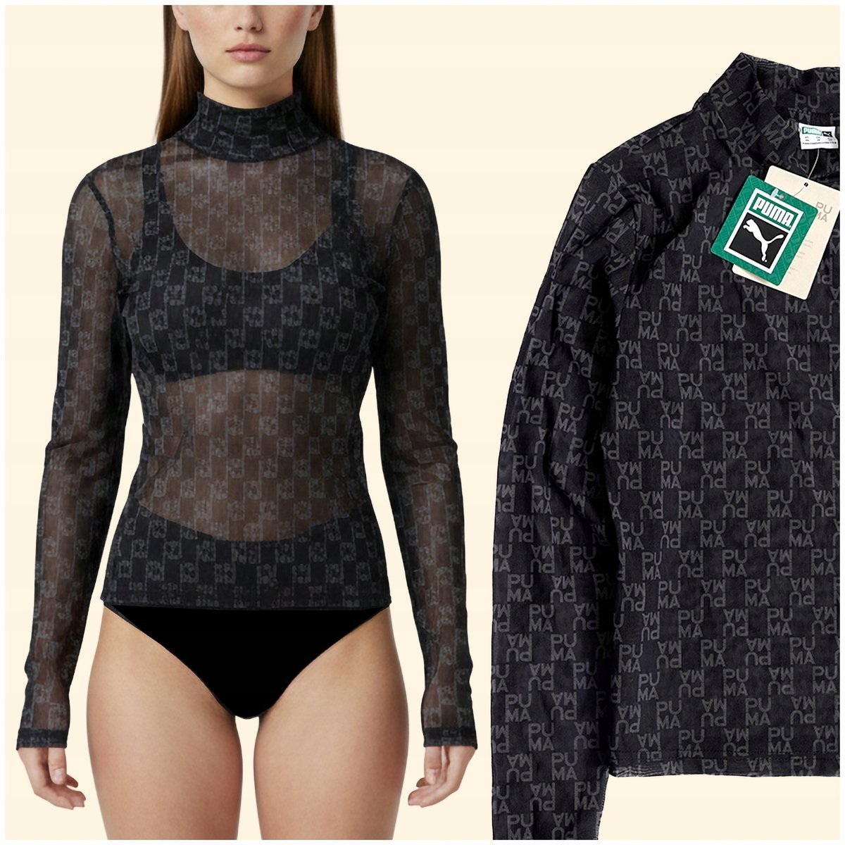 PUMA Mesh Top Damska Bluzka Przezroczysty Top Longsleeve Półgolf r.XS