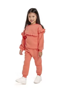 Spodnie i spodenki dla dziewczynek - Pomarańczowe spodnie dresowe dziewczęce z falbanką - Minoti - grafika 1