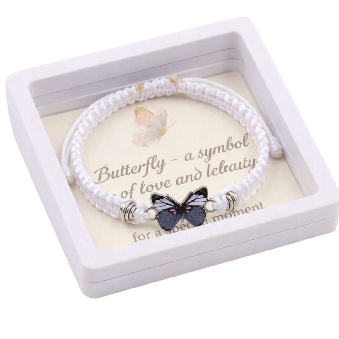 Biała Bransoletka Regulowana Motyl na Prezent z Kartką i Pudełkiem