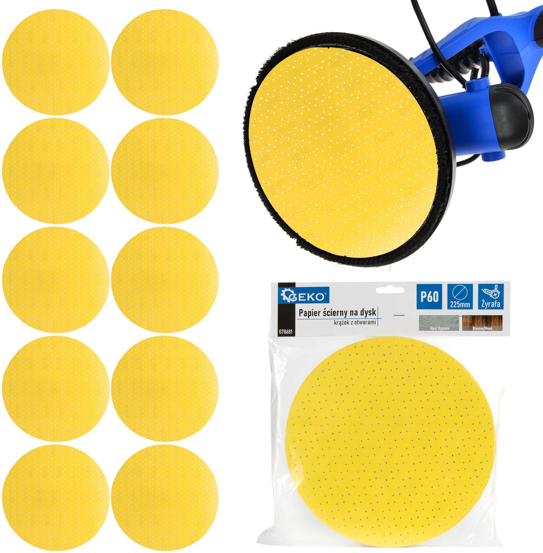 Geko Papier ścierny na dysk – krążek z otworami 225mm P60 /żyrafa/ 10/100/500