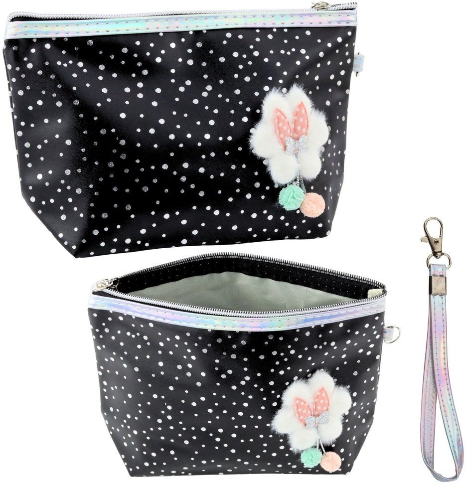 Piórnik Kosmetyczka Kokardka Błyszczące Kropki Czarny 23x16cm EDUKAMP