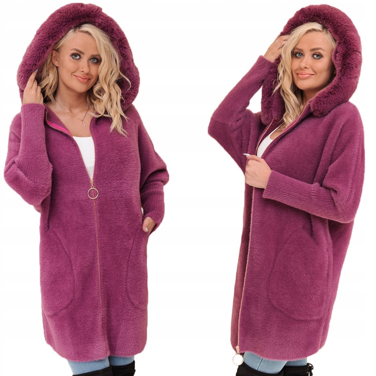 Z FUTERKIEM PŁASZCZ ALPAKA NA SUWAK WEŁNA CIEPŁY wrzosowy