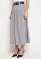 Spódnice - Szara Spódnica z Podwójnym Paskiem z Ekoskóry i Szerokimi Plisami Hiritai - miniaturka - grafika 1