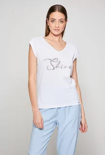Koszulki i topy damskie - Bawełniany t-shirt z cekinowym napisem - Monnari - grafika 1
