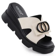 Klapki i japonki damskie - Klapki damskie na koturnie kremowe Vinceza 58464 kremowy - miniaturka - grafika 1