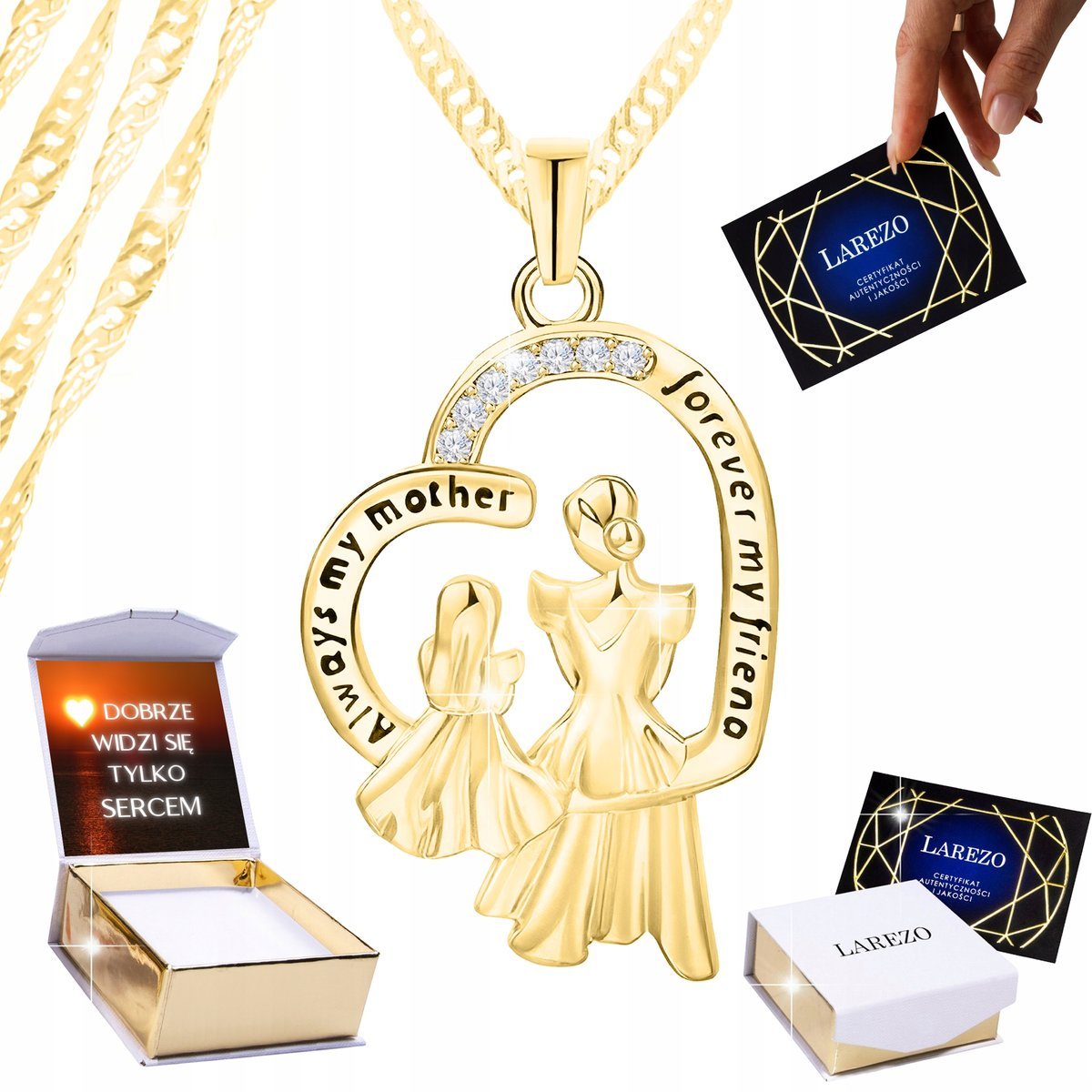 Złoty Naszyjnik 925 Matka z Dzieckiem w Sercu dla Mamy Serce Forever NADRUK