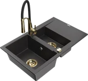 Zlewozmywaki z baterią - Mexen Gaspar zlewozmywak granitowy 1,5-komorowy z ociekaczem i baterią kuchenną Aster, czarny nakrapiany - 6507-76-73450-57-G - miniaturka - grafika 1