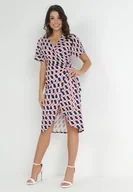 Sukienki - Granatowo-Czerwona Dopasowana Sukienka Kopertowa z Wiązaniem w Pasie Leanthea - miniaturka - grafika 1