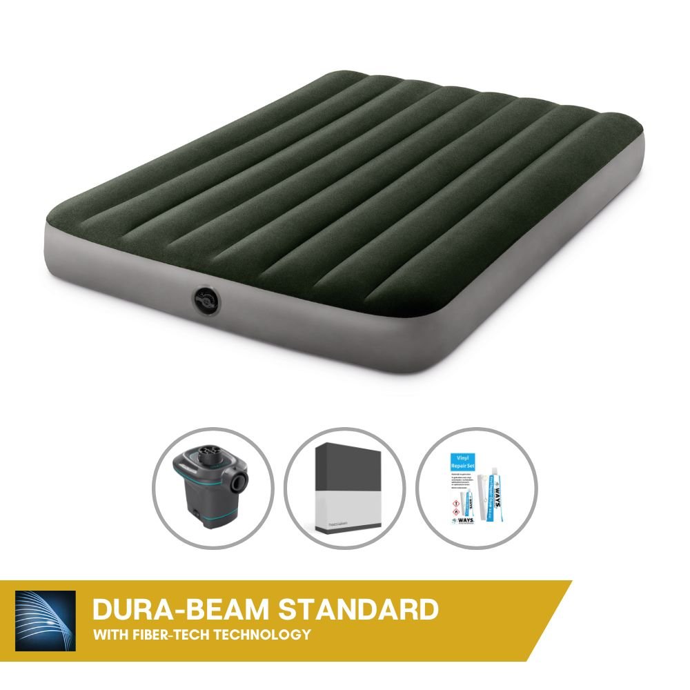 Dmuchane łóżko Intex - 2 osoby - 137 x 191 x 25 cm - zielone + elektryczna pompka Intex - 650 litrów/min + prześcieradło czarne + zestaw naprawczy