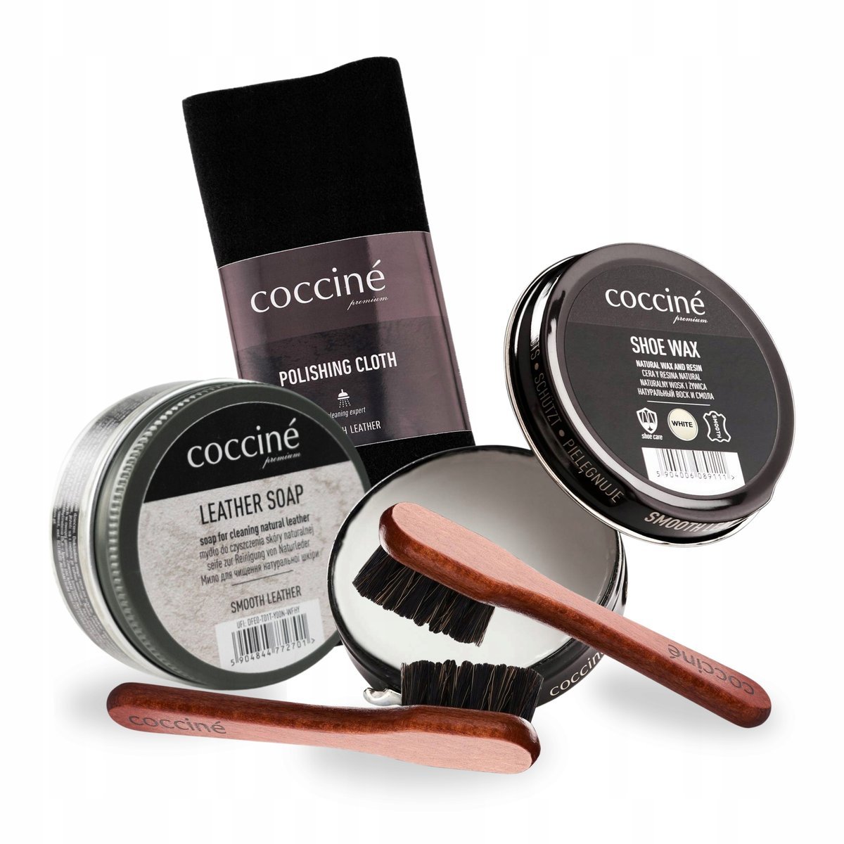 Mydło do Butów z Bezbarwną Pastą Szczotkami i Szmatką Coccine Zestaw 5w1