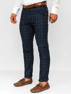 Spodnie męskie - Granatowe spodnie materiałowe chinosy w kratę Denley KA9023 - grafika 1