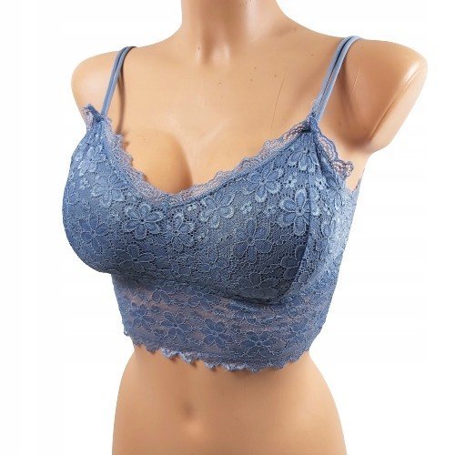 Bralet Koronkowy Biustonosz Crop Top Z Wkładkami Niebieski