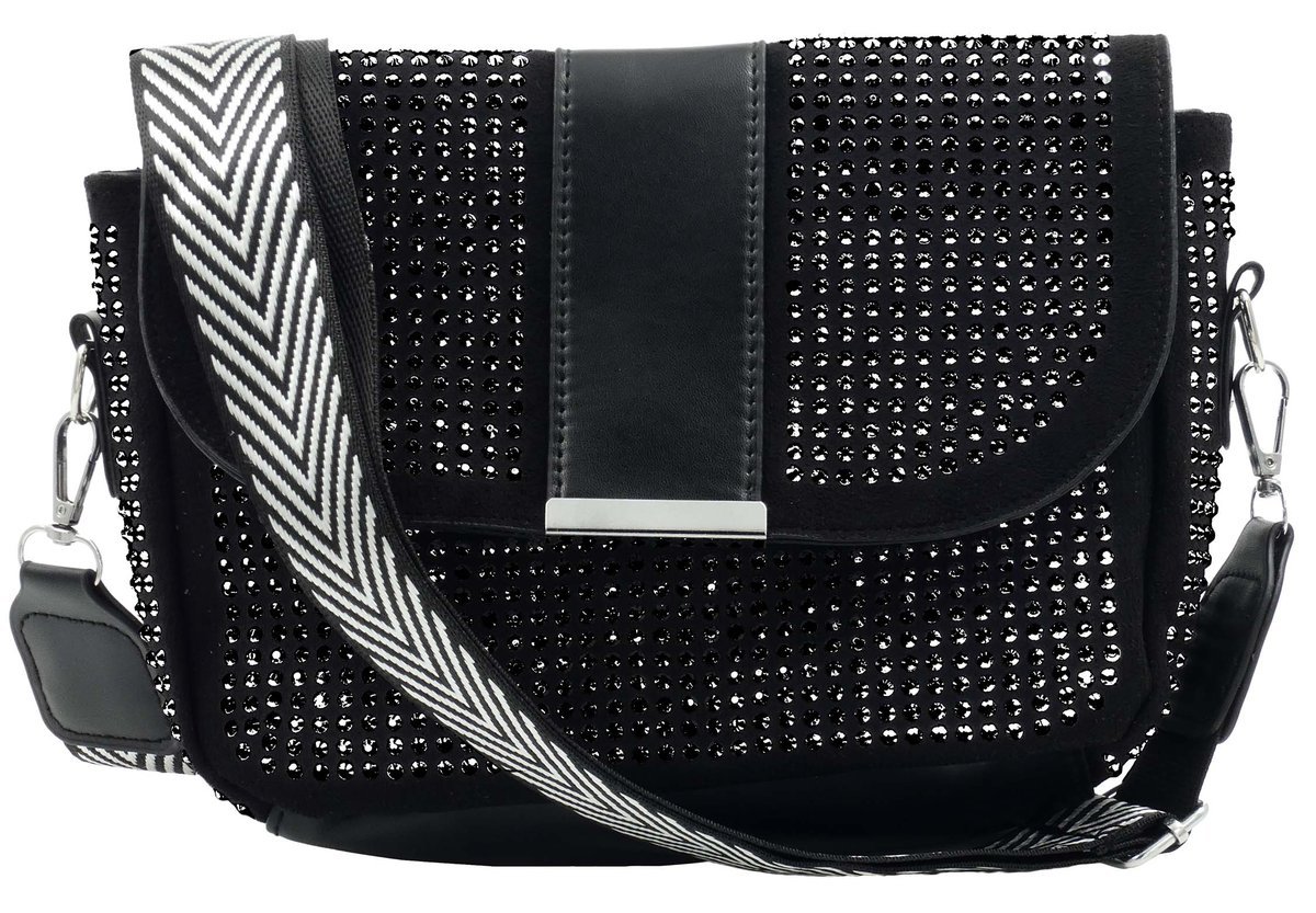 Kobieca Torebka Bag Na Ramię Cyrkonie Pasek Czarna Glamour