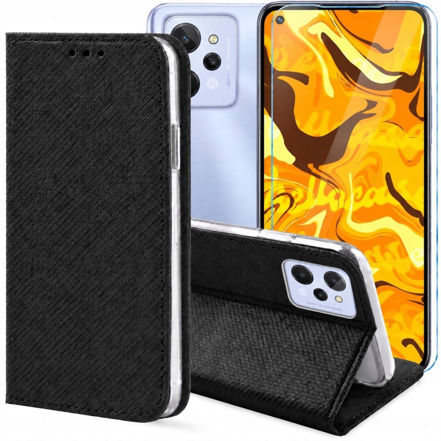 Hello Case Etui z Klapką Do Realme C53 / C51 / Note 50 / C63 Czarne, Kabura Szkło BNDL3388