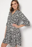 Sukienki - Czarna Bawełniana Sukienka Rozkloszowana z Falbanką w Ornamentalny Wzór Laneloren - miniaturka - grafika 1