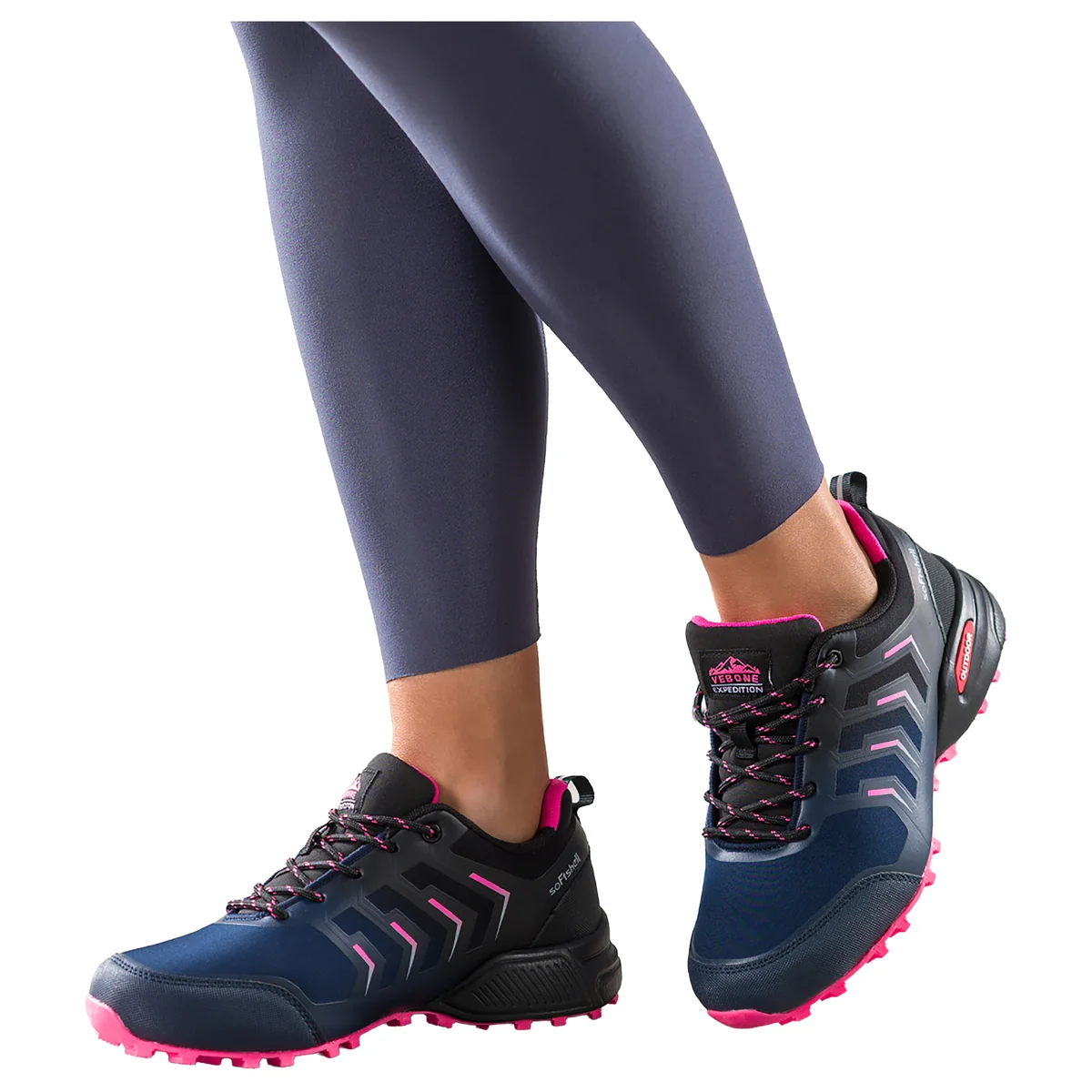 Granatowe buty trekkingowe damskie buty sportowe softshell na bieżnikowanej podeszwie fuksjowe wstawki sznurowane Carla EY82976-87