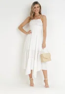 Sukienki - Biała Maxi Rozkloszowana Sukienka ze Zdobieniami z Koronki i Troczkiem Elenime - miniaturka - grafika 1