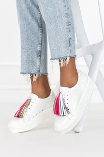 Białe sneakersy skórzane damskie creepersy z kolorowymi chwostami sznurowane PRODUKT POLSKI Casu 2691-75 - Trampki damskie - miniaturka - grafika 1