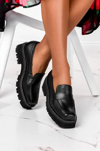 Czarne mokasyny skórzane damskie na platformie ozdobione cyrkoniami PRODUKT POLSKI Casu 1690-NO-38 - Mokasyny damskie - miniaturka - grafika 1