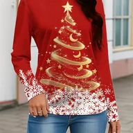 Bluzki damskie - TEMU Damska Czerwono-Złota Koszulka z Długim Rękawem w Świąteczne Wzory – Choinka, Płatki Śniegu, Złote Bombki i Białe Śnieżynki, Okrągły Dekolt, - miniaturka - grafika 1