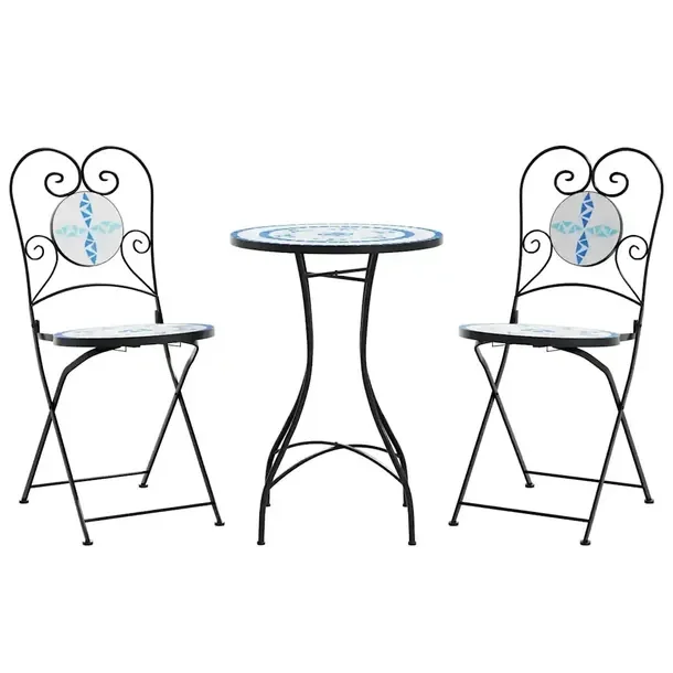 Mozaikowy zestaw mebli bistro niebiesko-biały, stół 50 x 70 cm, krzesła