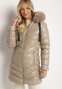 Beżowa Długa Pikowana Kurtka z Odpinanym Futerkiem i Sznurkami Rinnarae - Kurtki damskie - miniaturka - grafika 1